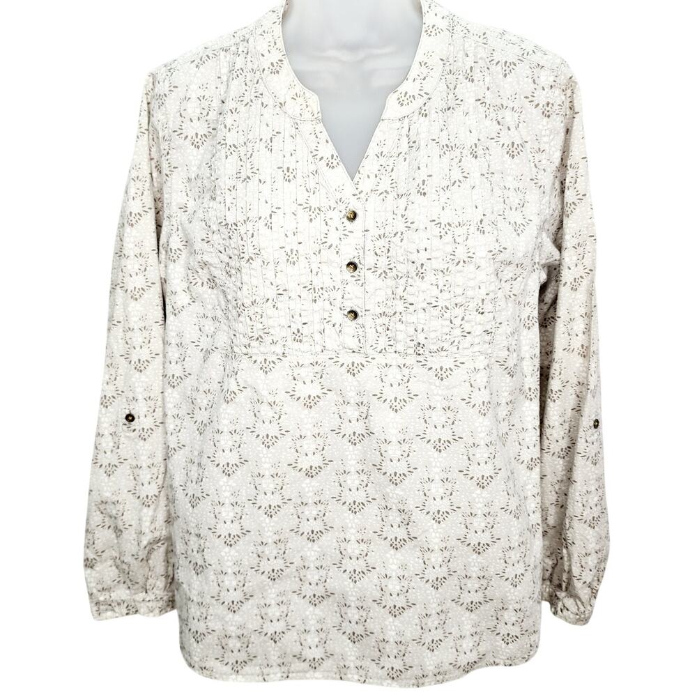 Bit & Brindle Taupe Print Blouse Women's L Long  Sleeve Boho Cottage Core
